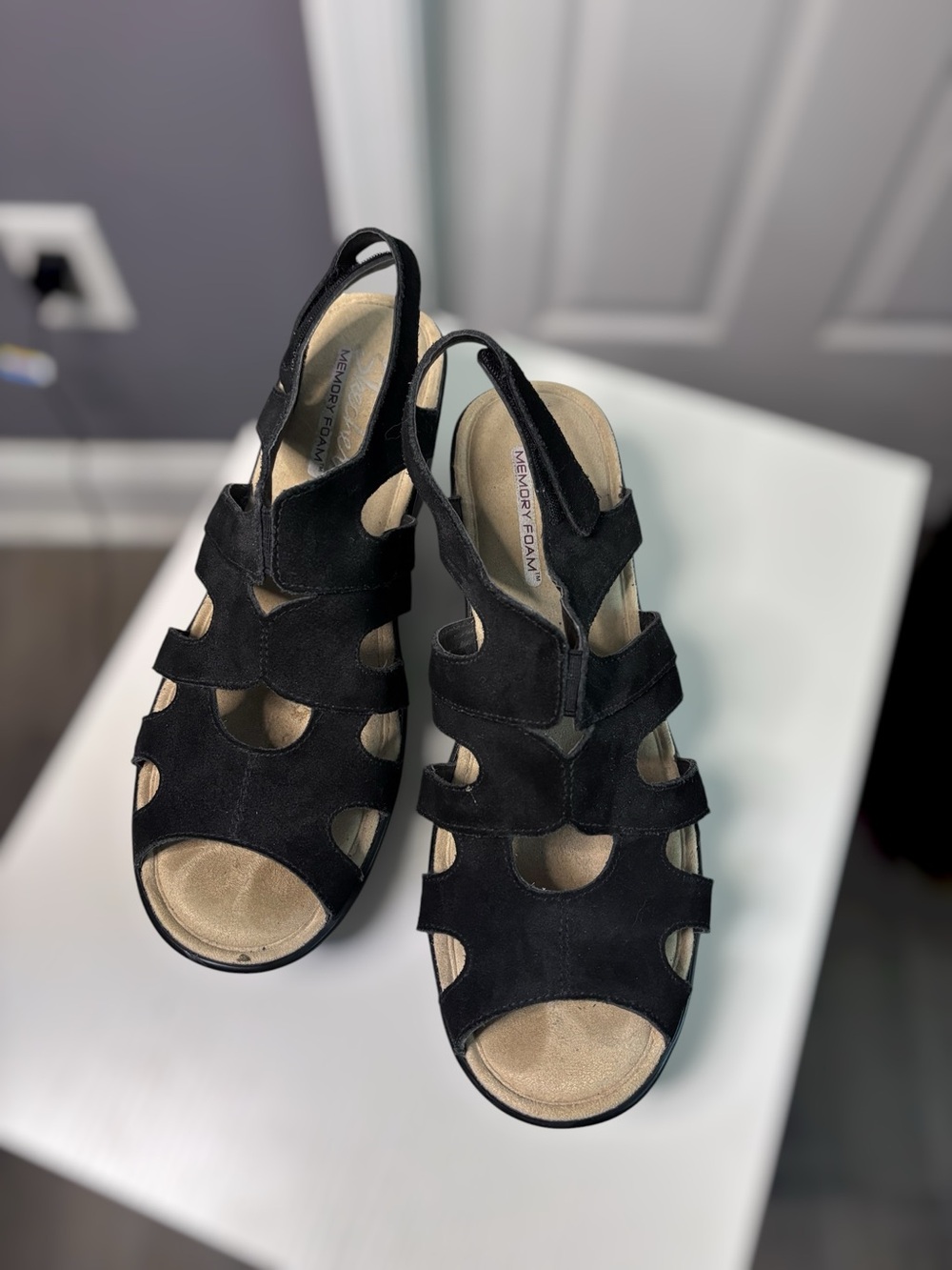 Skechers Memory Foam Black Suede Cutout Slingback Wedge Sandals 8.5